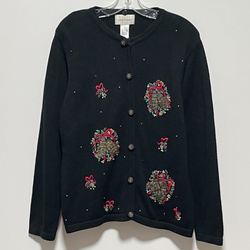 Lemon Grass vintage Black Beaded
Embroidered wreaths Holiday Cardigan Sweater